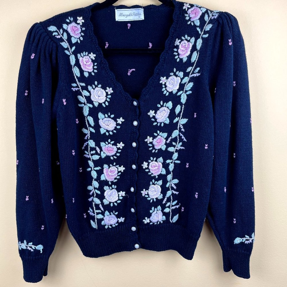 Margules Vintage Blue Floral Cottage Core Knit Cardigan M